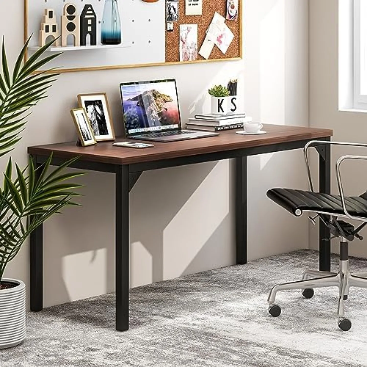 4.5FT Conference Table, 55” x 24” Large Meeting Room Table W/Heavy Duty Steel Frame, Modern Computer Desk for Home