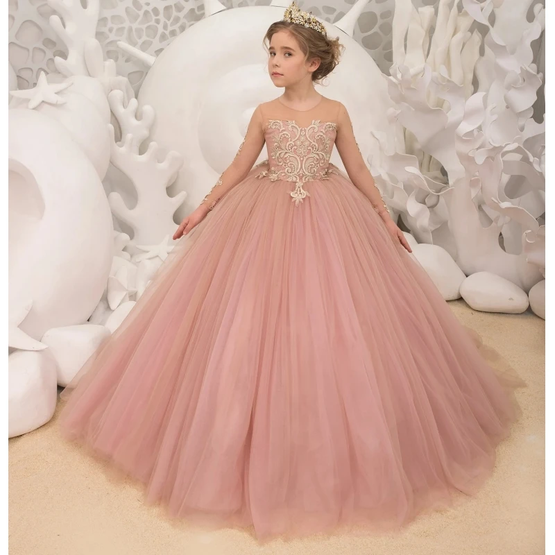 

Flower Girl Dresses Pink Tulle Puffy Patterned Embroidery Long Sleeve For Wedding Birthday Party First Communion Gowns