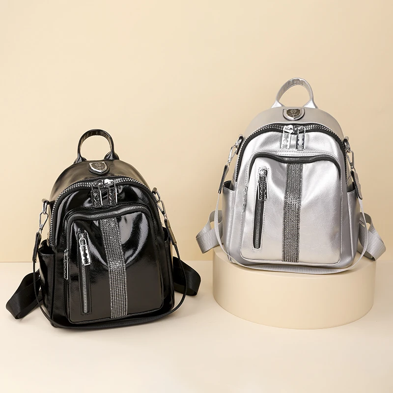 High Quality Soft Leather Women Backpack Silver Diamonds Ladies School Bag Personality Zipper Design Girls One Shoulder Backpack