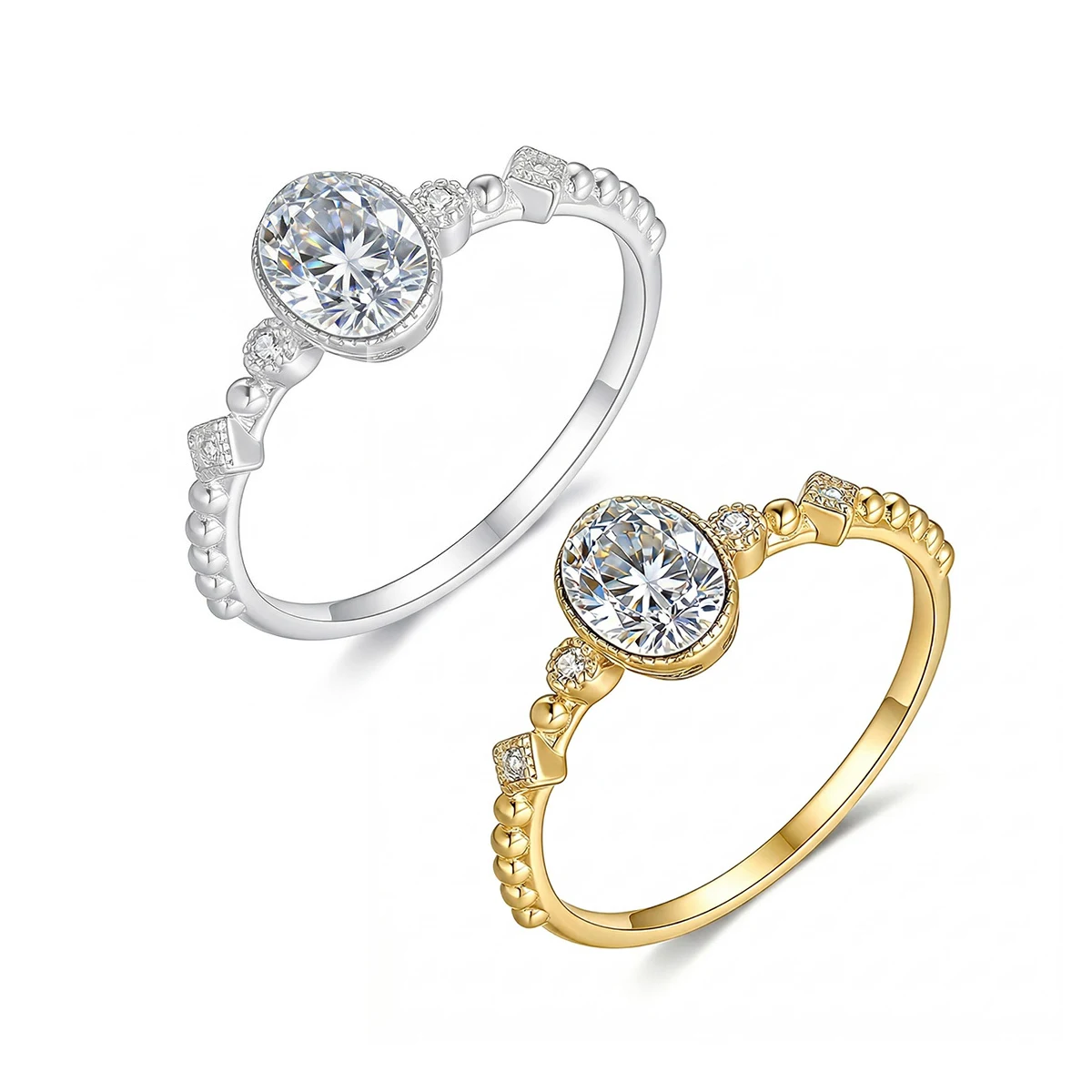 S925 Silver Plated 18K Gold Egg Shaped Moissanite Diamond Dot Starlight Light Luxury Women's Ring 1.0ct