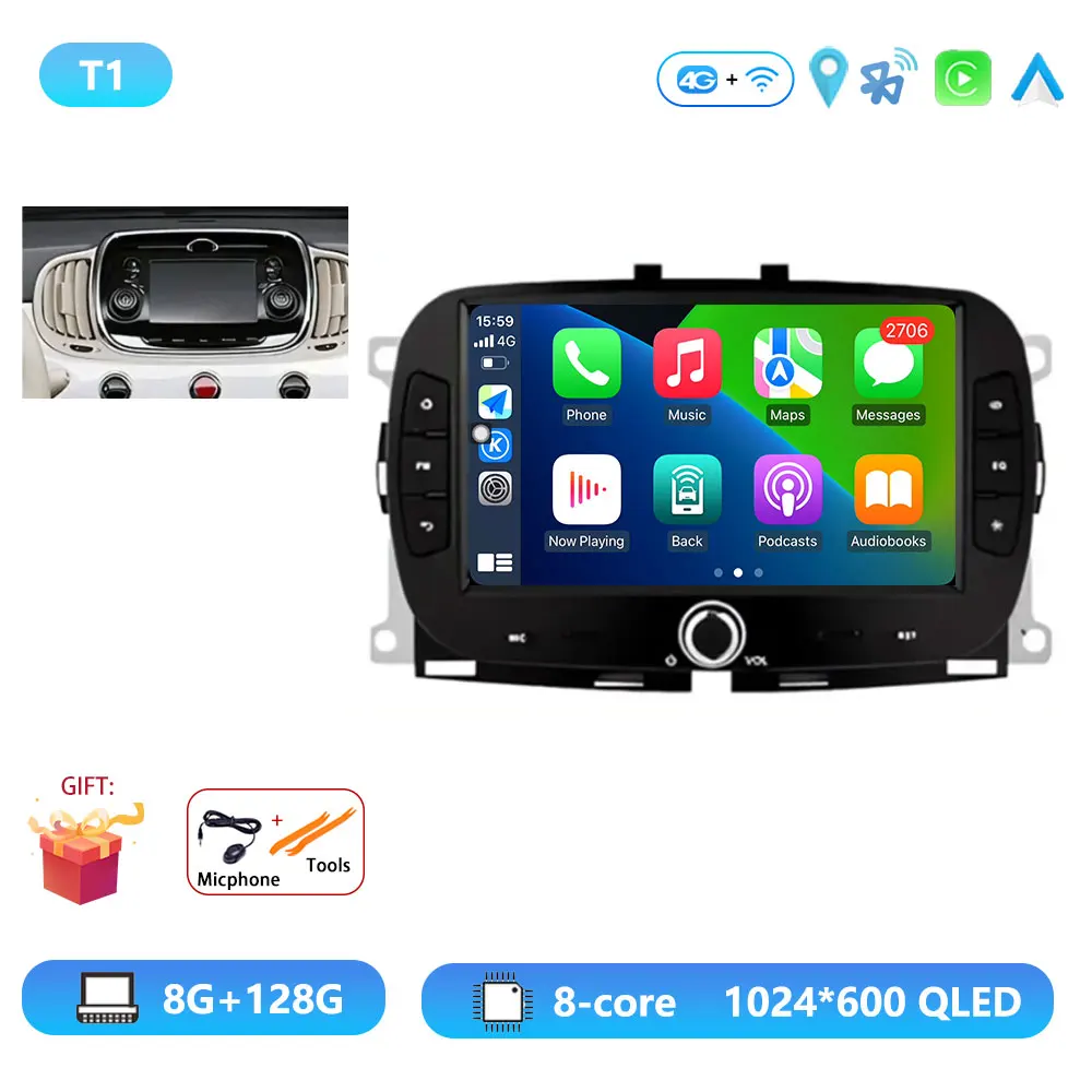 Android15 Voor Fiat 500 2016-2019 Autoradio Multimedia Speler Video Navigatie Carplay Stereo GPS WIFI DSP Carplay Android auto