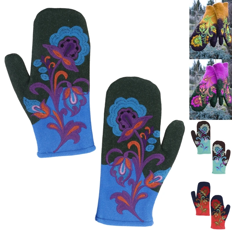 Women Windproof Faux Cashmere Warm Gloves Winter Cold Weather Thicken Thermal Warm Floral Embroidery Full Finger Mittens