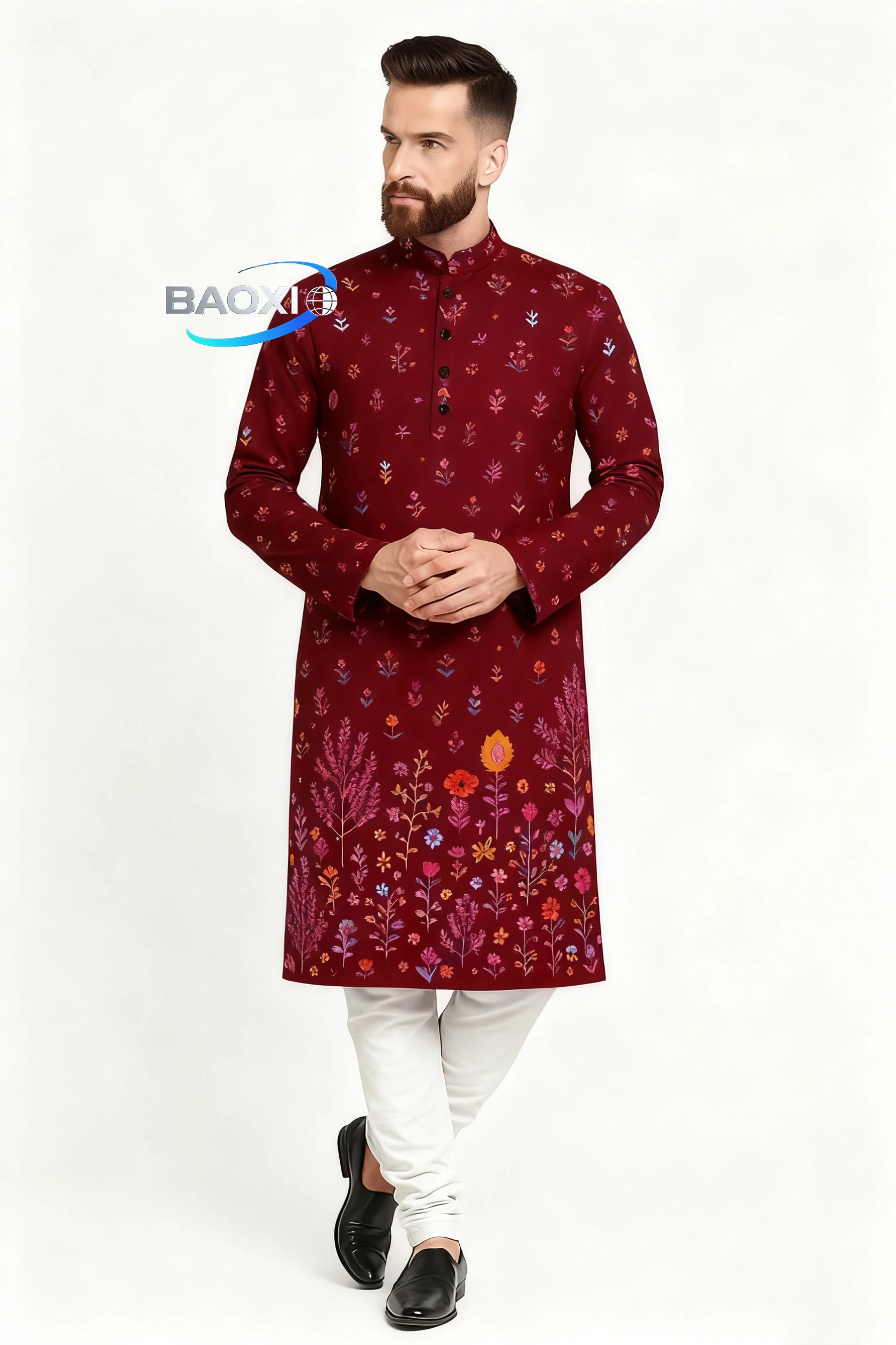Abito lungo da uomo con colletto alla coreana stampato Kurta Elizha del 2025 adatto a tutte le occasioni, come luogo di nozze di fascia alta