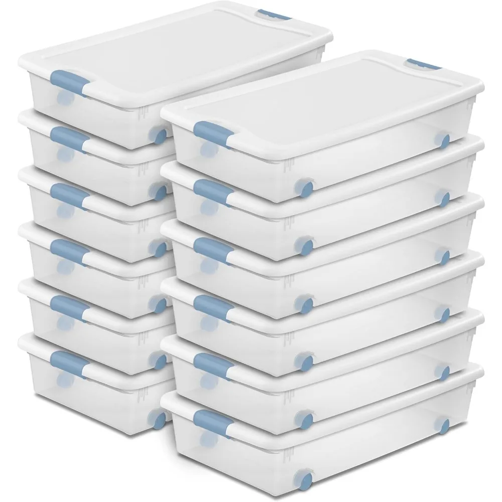 12-Pack Latching Box, Under Bed Storage Bins with Lids, Clear Plastic, 56 Quart - Heavy-Duty Organizing Container