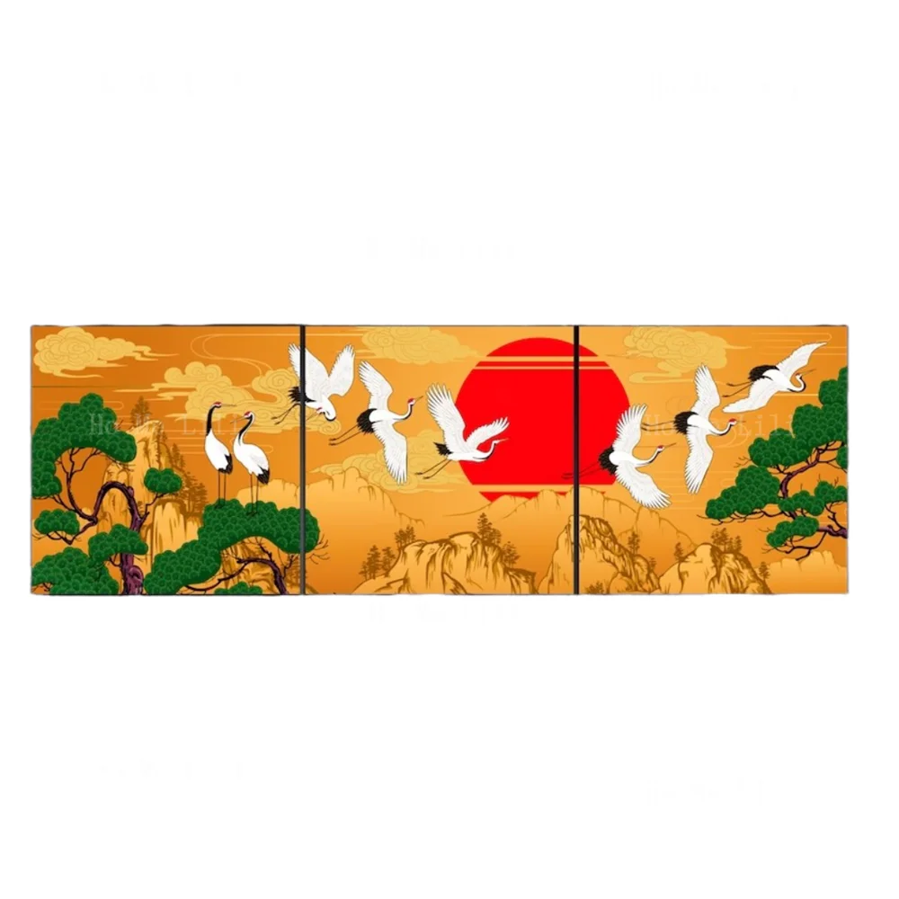 Japanese Canvas Crane Print Yellow Wall Art Wall Decoration Triplet Painting