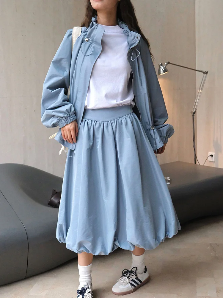 2024 Autumn Women Retro Fluffy Flower Bud Skirts Korean Fashion High Waist A-Line Long Skirt Y2K Streetwear Blue/Purple