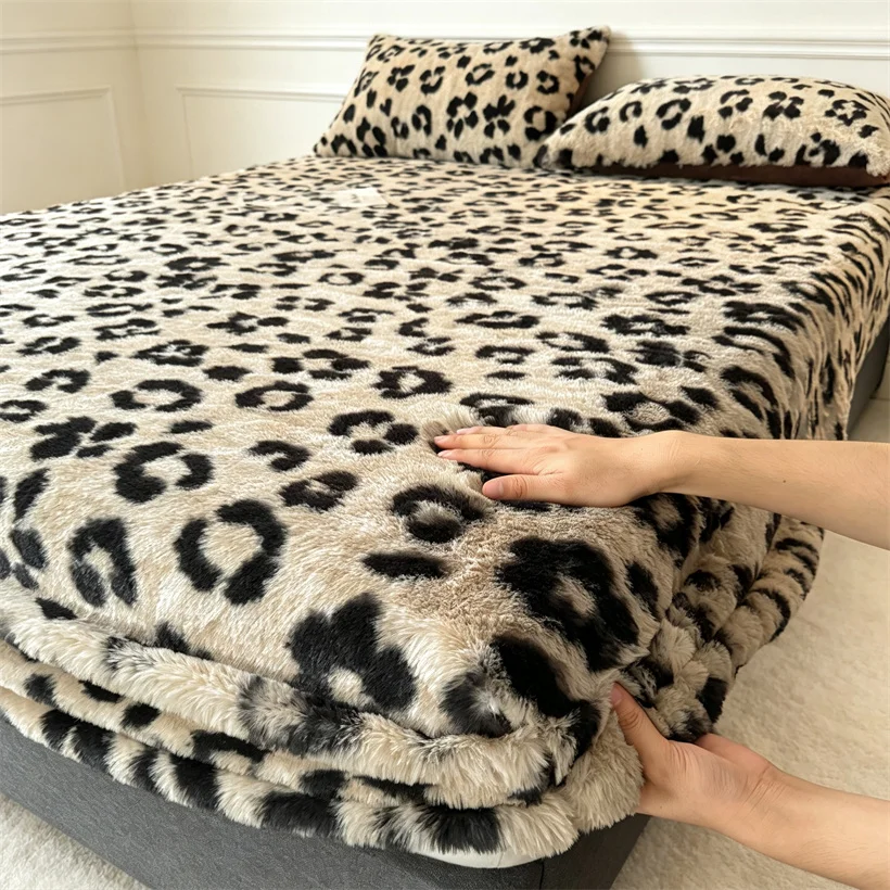 Winter Leopard Print Plush Fitted Sheet Soft Warm Faux Rabbit Fur Mattress Protector Cover Queen King Size Elastic Bed Sheet Set