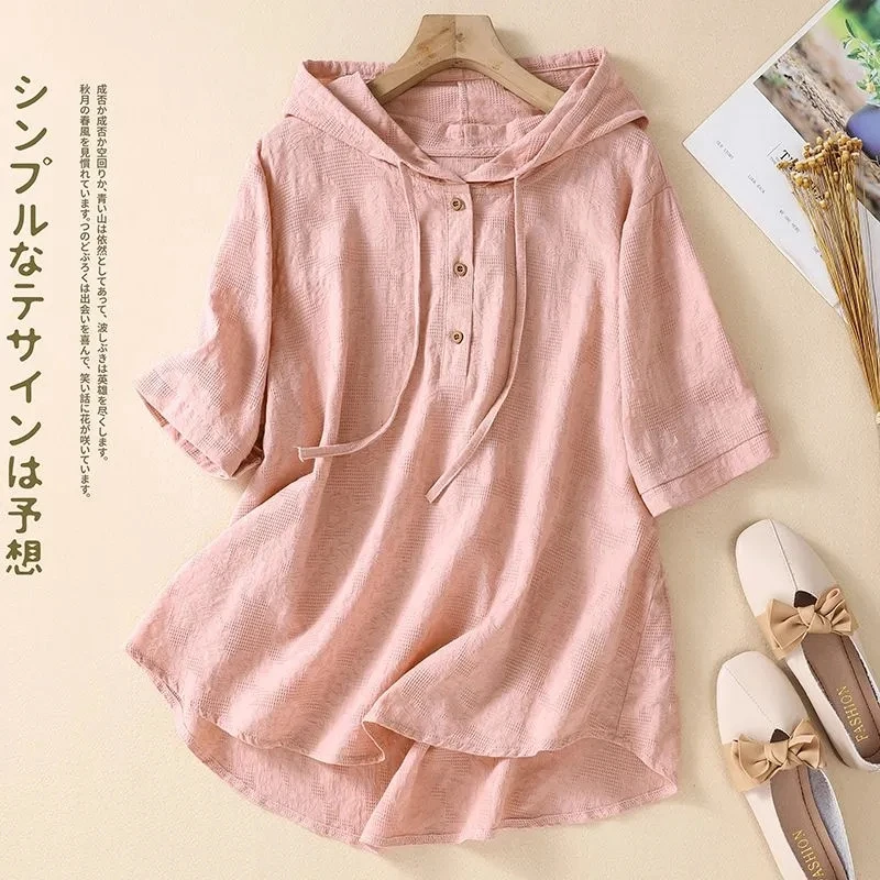 Pink Hooded Casual Short Sleeve Loose Single Breasted Pullover Women\'s Blouse Shirt Korean Fashion Female Clothing Tops 2024