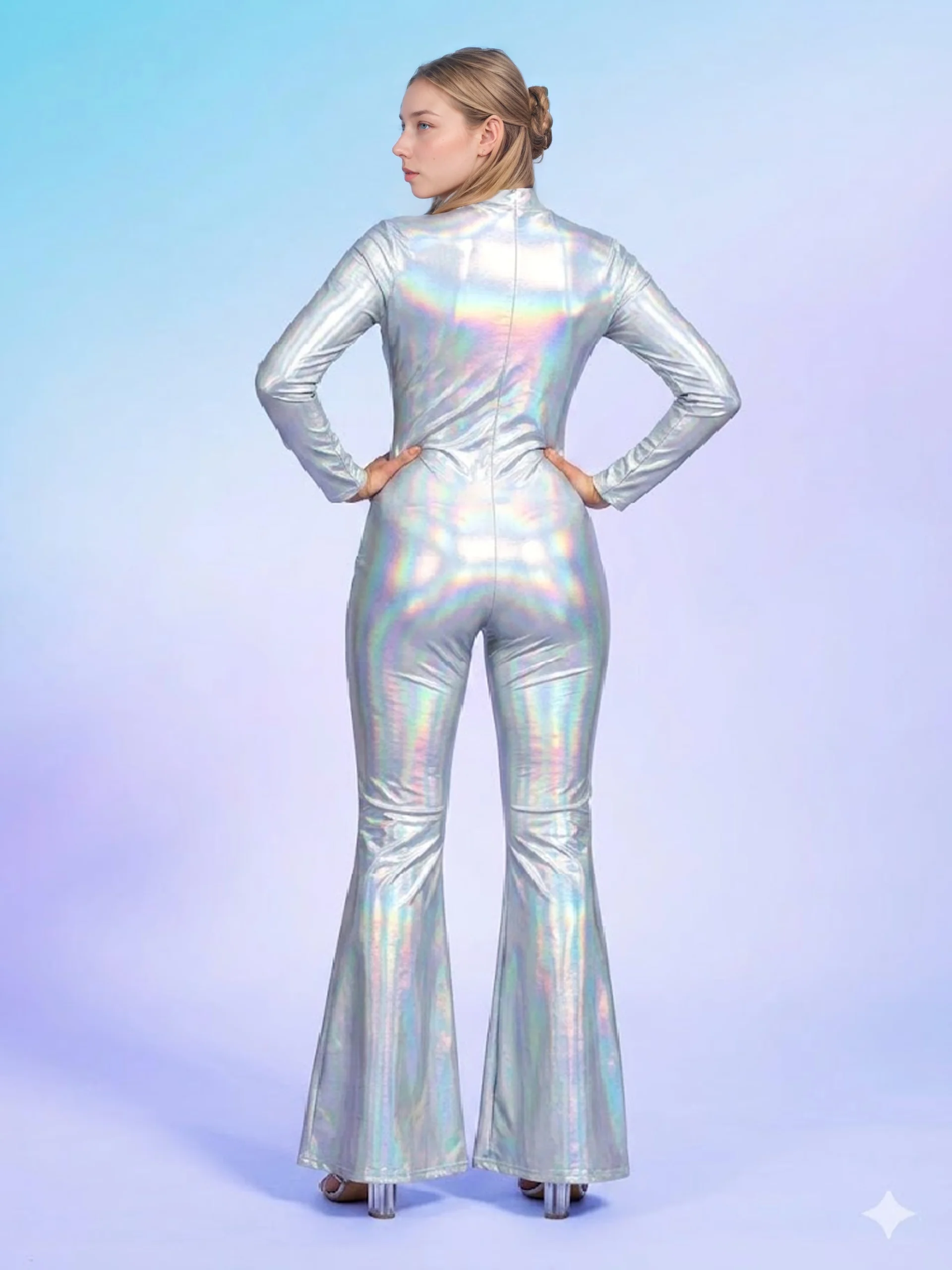 Damen Rollkragen-Jumpsuit mit Glänzendem Metallic-Effekt und Schlaghose, Schillernder Glänzender Bodysuit für Nachtclub, Disco, Bühne und Party – Detail 7