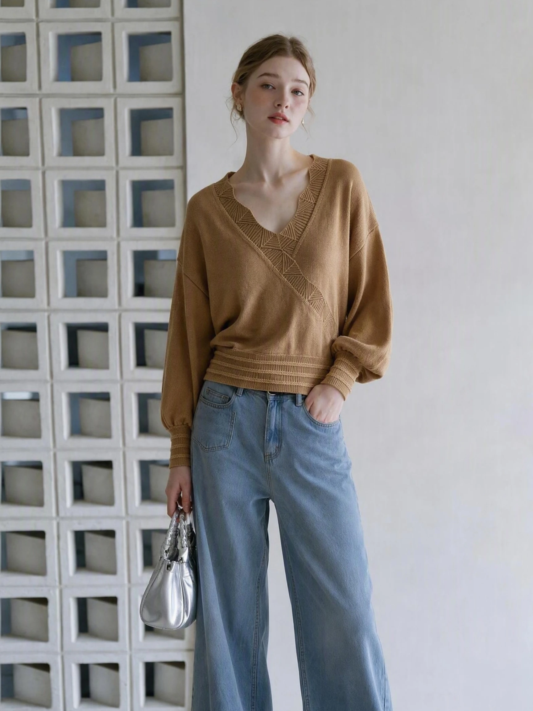 Cross Layered Textured V Neck Knit Top Women 2026 Autumn New Korean Style Elegant Chic
