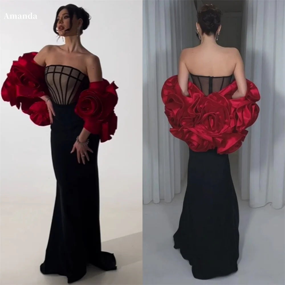 Amanda Double FDY Fabric Strapless robes de soirée Mermaid Floor-Length Floral Evening Dresses Formal Evening Wedding Dres