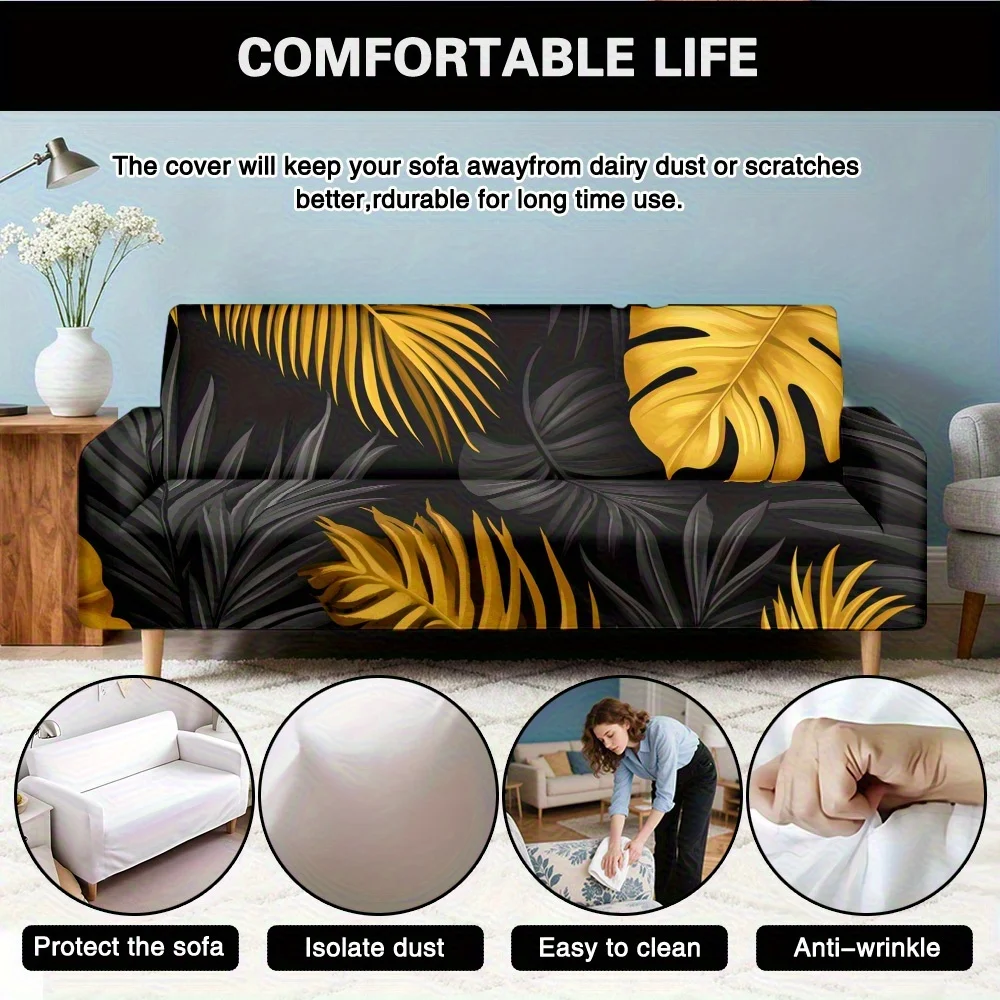 1pc Luxury Black Gold Tropical Monstera Palm Leaf Print Stretch Sofa Cover, Boho Botanical Couch Slipcover for Home Decor
