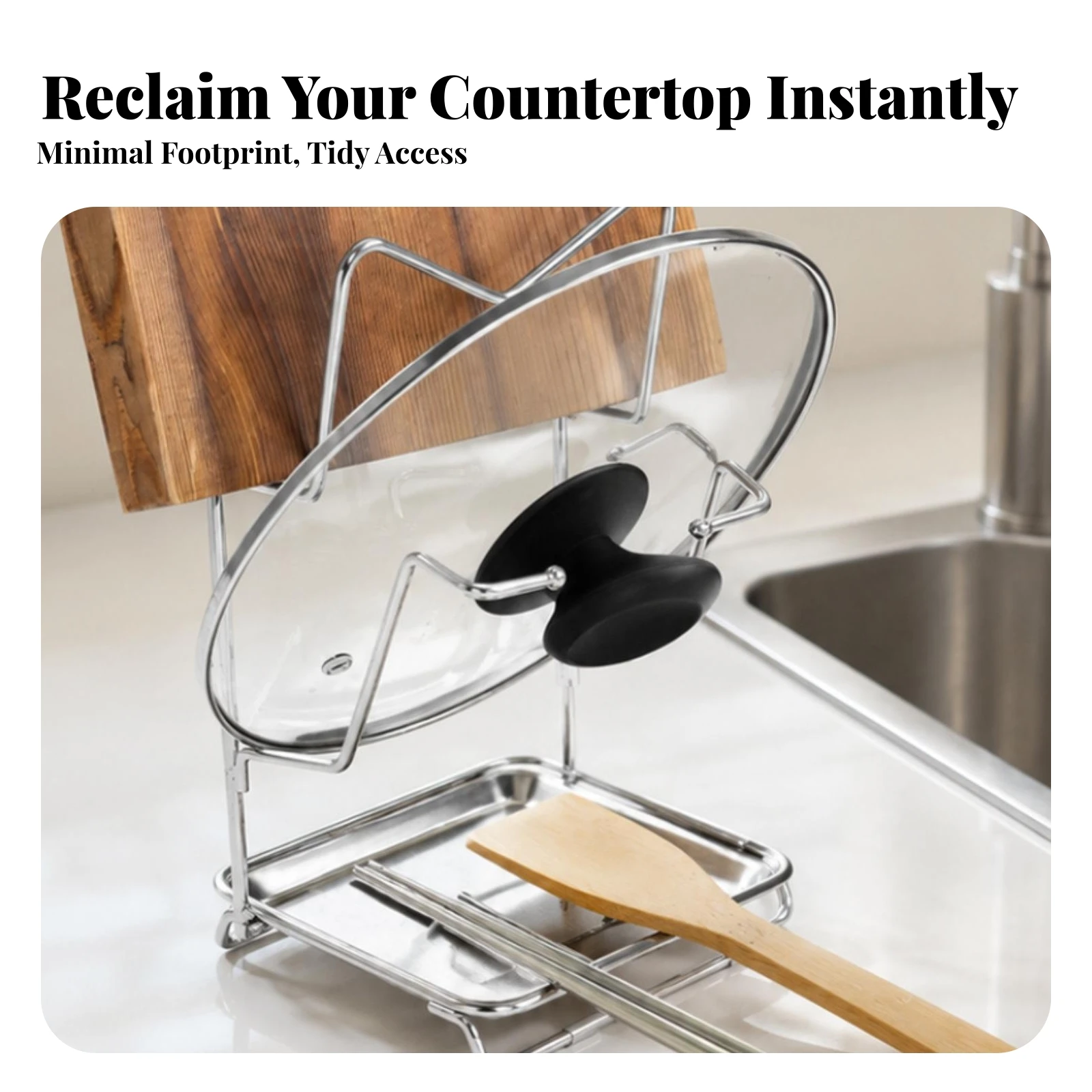 Pot Lid Rack with Catchment Tray Stainless Steel Pot-Lid Cutting Board Holder Kitchen Board Stand with Tray Countertop