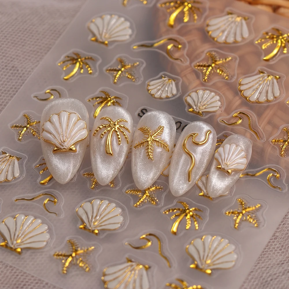 1PC 5D Embossed Nail Stickers Ocean Seashell Gold Coconut Tree Hibiscus Floral Translucent Nail Decals Decorations Nail Supplies