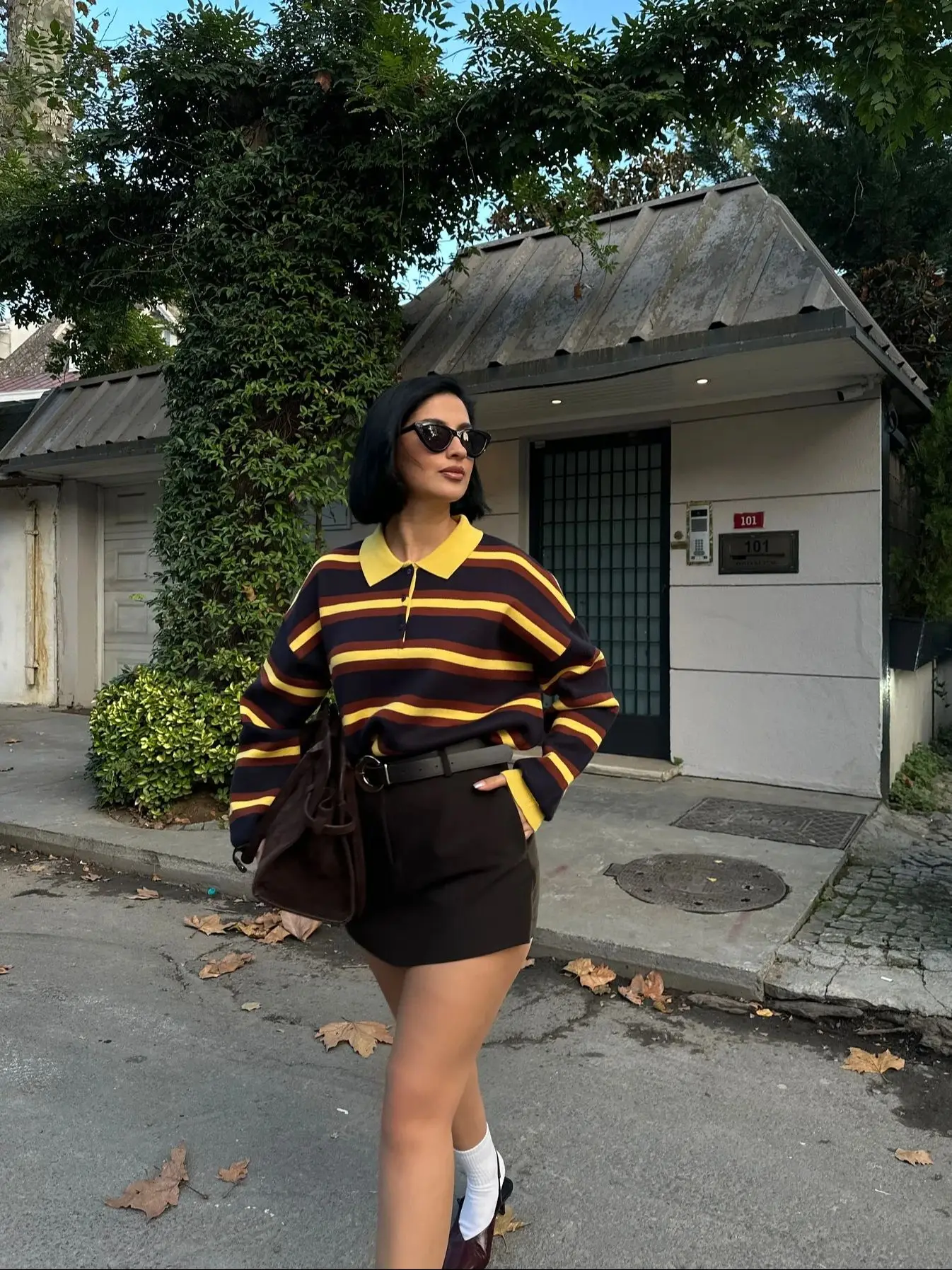 HH 2025 Women's Elegant Yellow Striped Knitted Pullover Turn Down Collar Long Sleeves Slim Causal Cropped Sweater Chic Tops