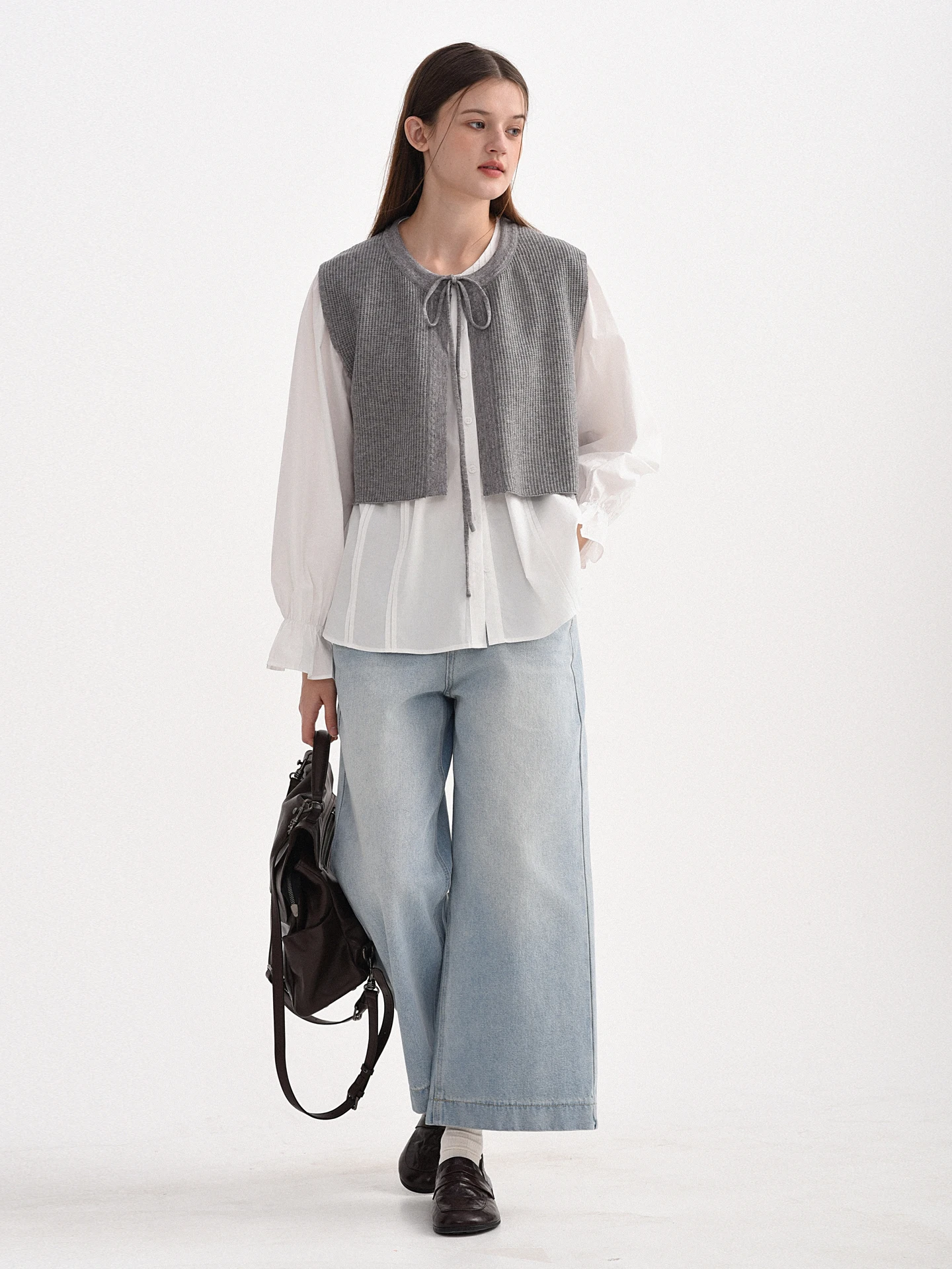 

Pure Cotton Spring Faion Women's irt Two-Piece Set Knot Long Sve White Blouse French Sle Loose Fit Button ...