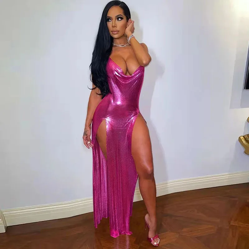 Sexy Glitter Metallic Off Shoulder Evening Dresses Women Night Party Festival Outfits Backless Side Split Long Dress Clubwear