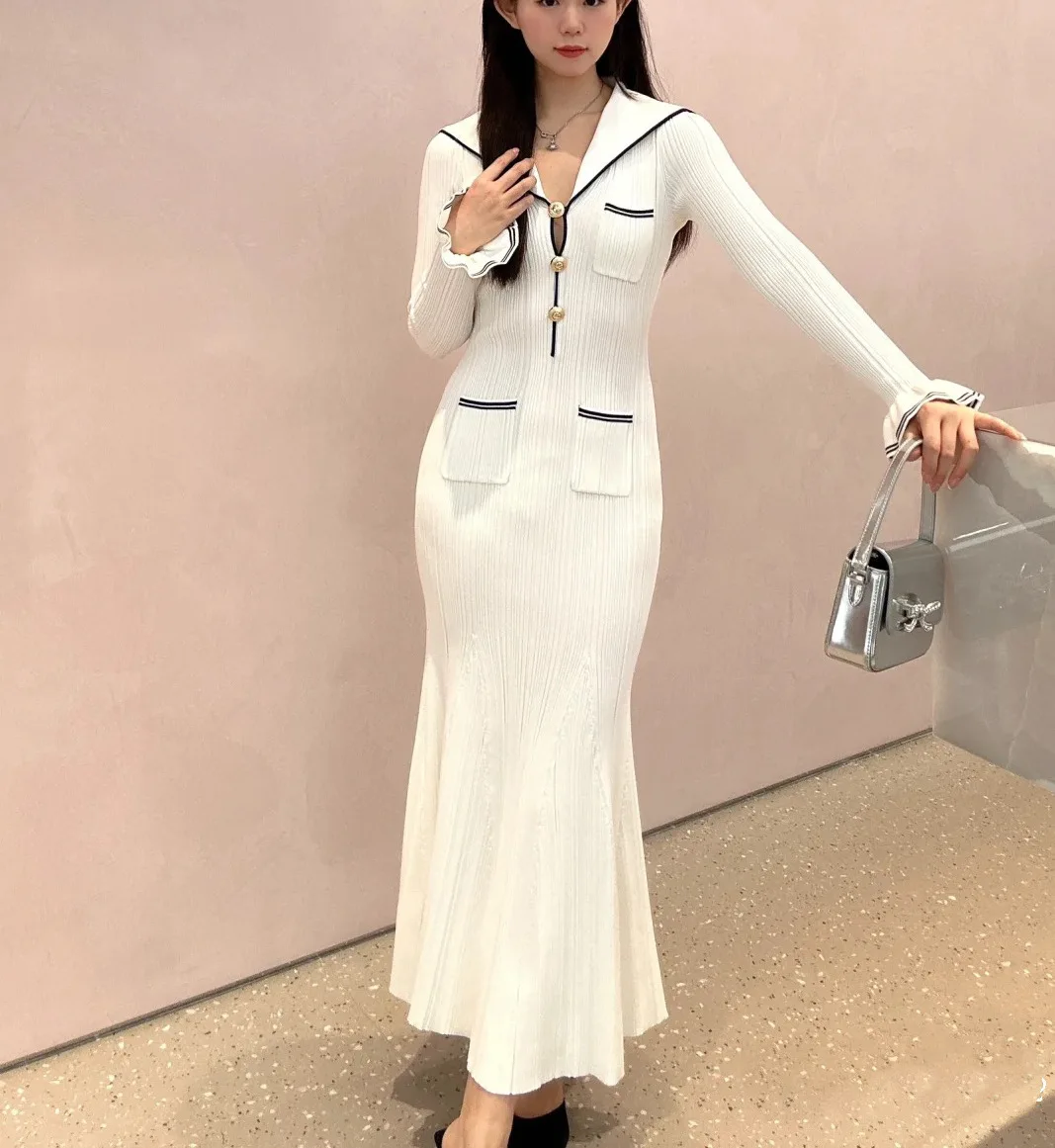 

Women's white slim dress long sleeves navy collar elegant fishtail dress