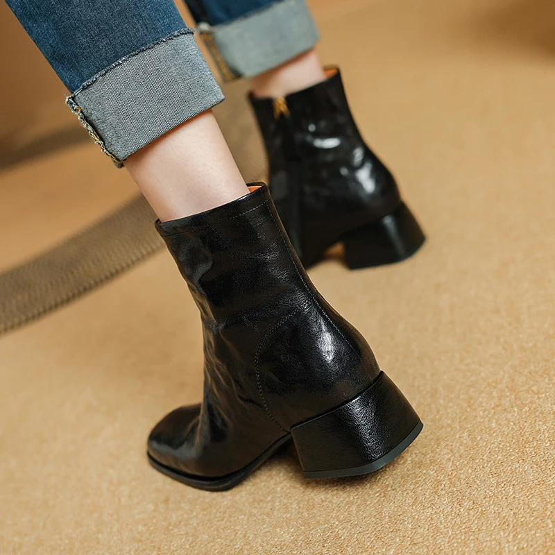 2024 Jesienne buty damskie Square Toe Women Shoes Chunky Heels Shoes for Women High Heel Boots Vintage Sheepskin Leather Shoes