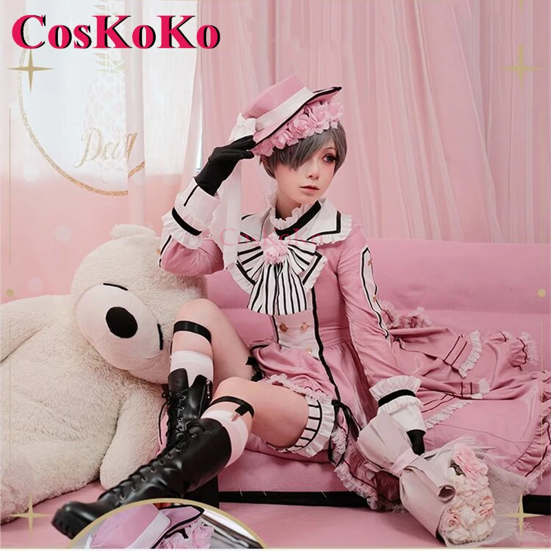 CosKoKo Ciel Phantomhive Cosplay Anime Black Butler Costume Robin Elegant Pink Lolita Dress Halloween Party Role Play Clothing