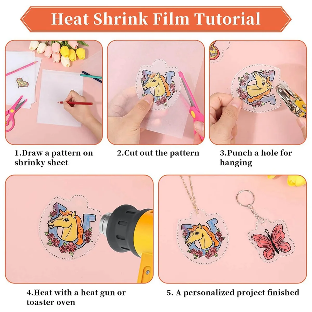 Shrinky Art Keychain Kit, Including 20 Sheets Shrink Plastic Paper, Keychain Clip, Split Key Rings, Key Rings with Chain