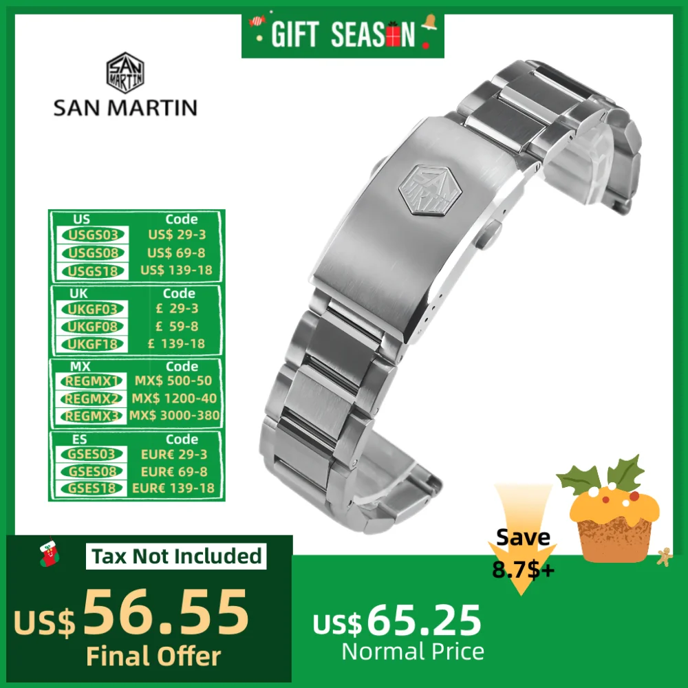 San Martin 316L Stainless Steel Straps Luxury Watchband 20mm 22mm Waterproof Watch Bracelet Universal Straight End Links BD0007