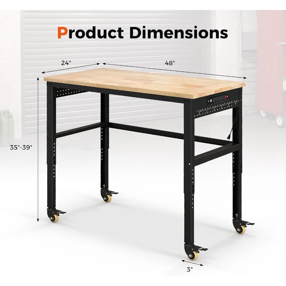 Adjustable 48 Oak Wood Workbench with Power Outlet, Universal Lockable Wheels, and Non-Slipping Footpads