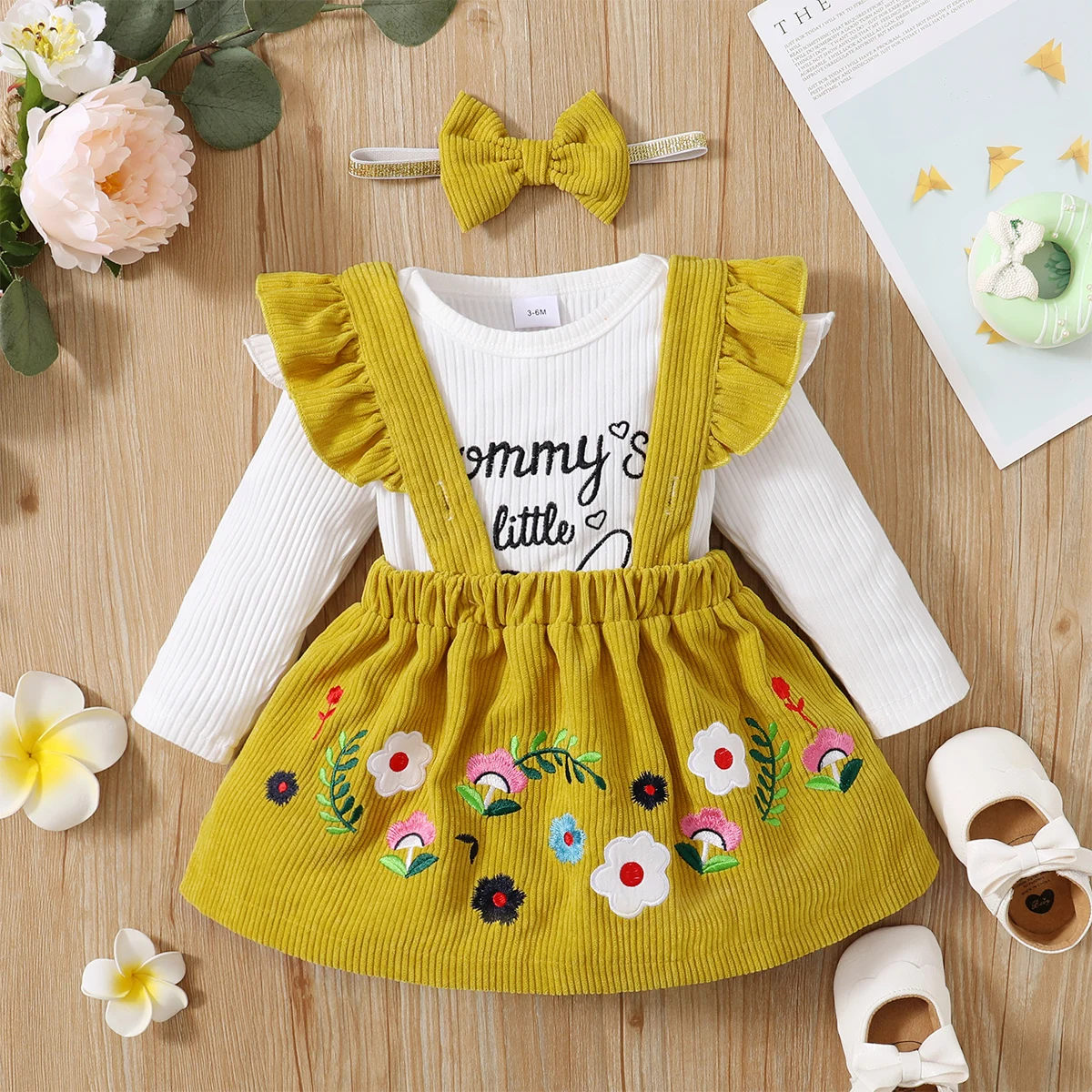 0-18 Months baby Girl long sleeved Bodysuit+Ruffled shoulder strap skirt+bow tie 3pc baby girl Spring and Autumn  Fashio Set