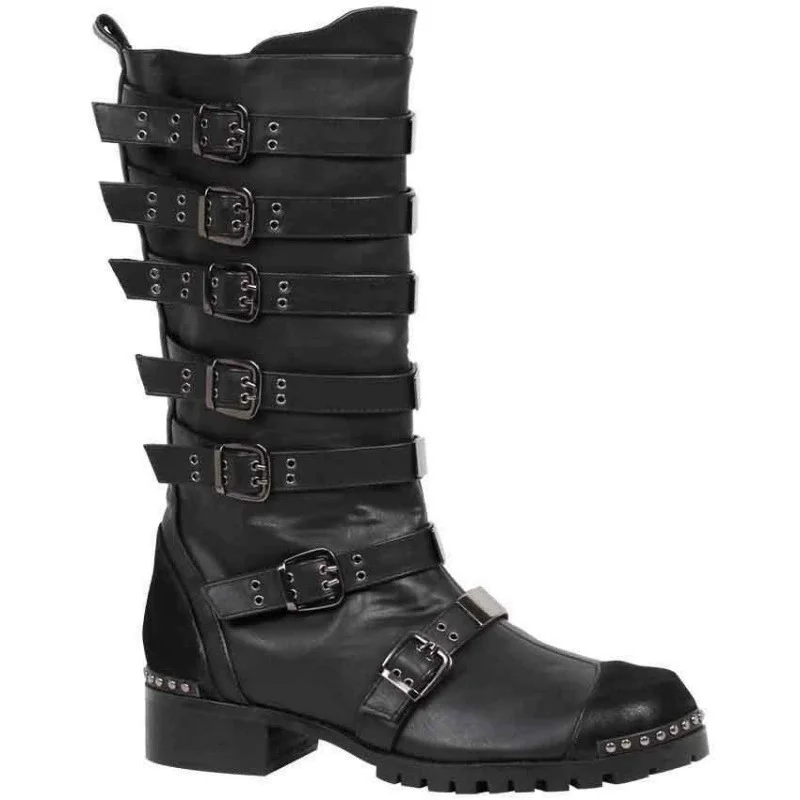 

Men's Gothic Buckle Strap Combat Boots Mid-Calf Studded Biker Booties with Chunky Heel Edgy Footwear for Punk Rock Street Style