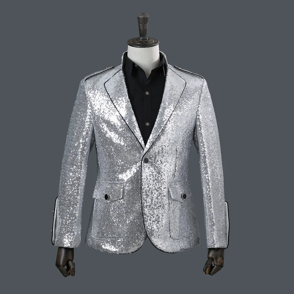 Mens Jacket Fashion Sequins Suits Blazer Men Clothes Nylon Single Breasted Silver Mens Blazers Mens Suits Jacket Men Clothing