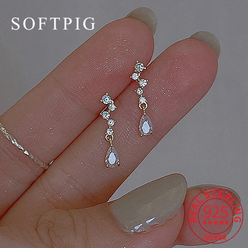 SOFTPIG Real 925 Sterling Silver Zircon Stud 14K Gold Earrings For Women Cute Fine Jewelry Irregular Accessories Drop Shipping