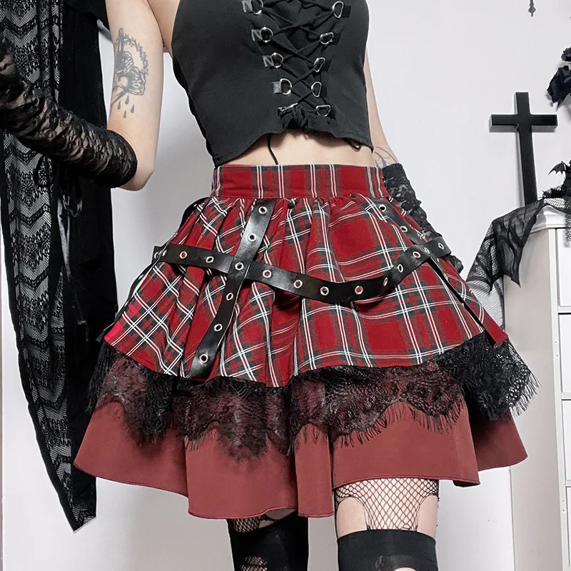 

Gothic Harajuku Girls Plaid Pleated Skirt Y2k Lolita Cake Mini Skirts Punk Sweet Lace Kawaii Clothing Cosplay Costume