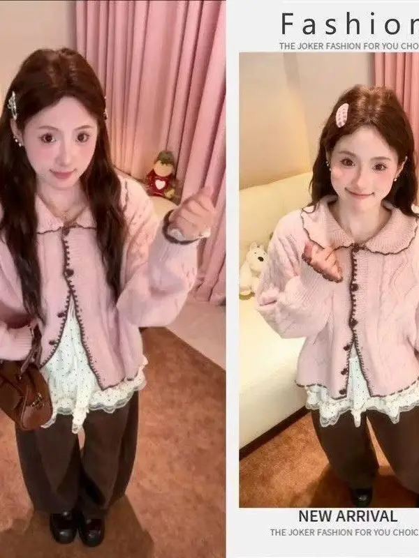 

Корейский розовый вязаный кардиган для студенток, женский зимний новый укороченный свитер, очень красивый и стройнящий топ