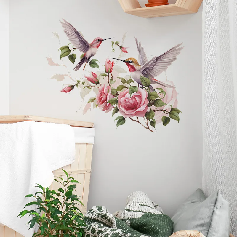 1pcs Romantic Rose Flowers Hummingbird Bedroom Porch Home Decoration Wall Stickers Self-Adhesive
