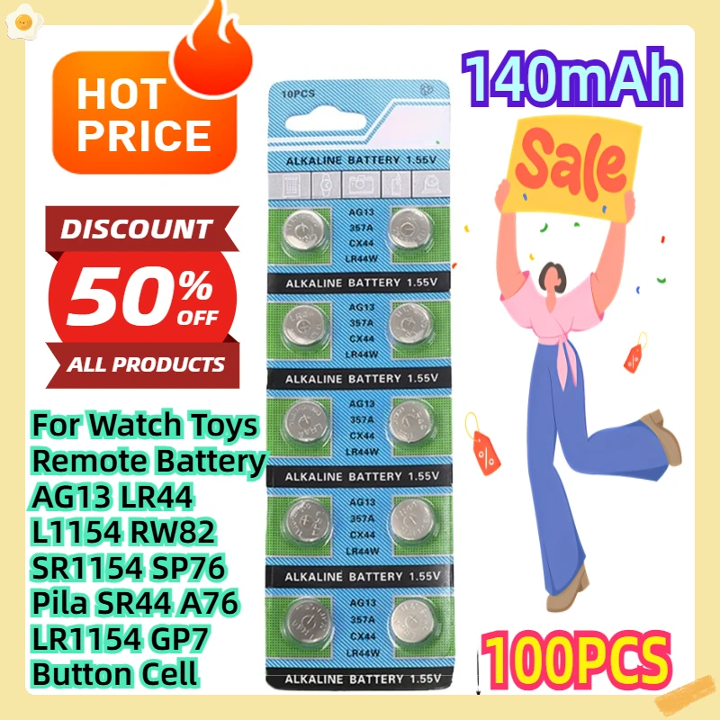 

For Watch Toys Remote Battery AG13 LR44 L1154 RW82 SR1154 SP76 Pila SR44 A76 LR1154 GP7 Button Cell 100pcs
