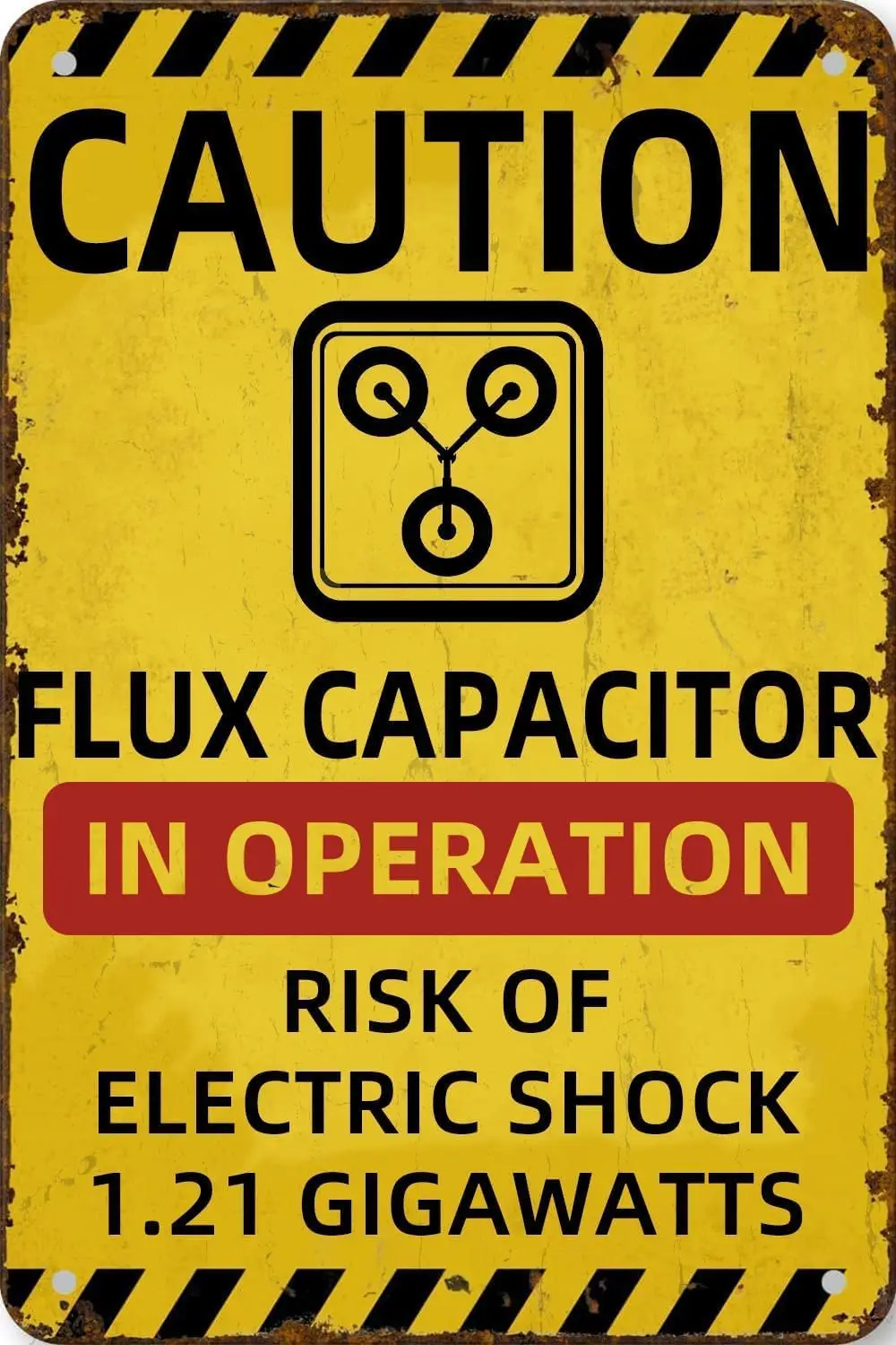 Vintage Back to The Future Flux Capacitor 1.21 Gigawatt Retro Caution Warning Tin Metal Sign Wall Art Plaque for Home Farm Garde