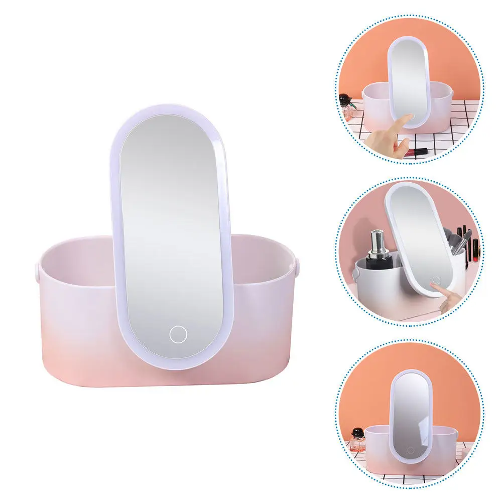 ABS Portable Organizer Makeup Storage Box Delicate Desktop Holder High Definition LED Light Mirror Suitable for Travel