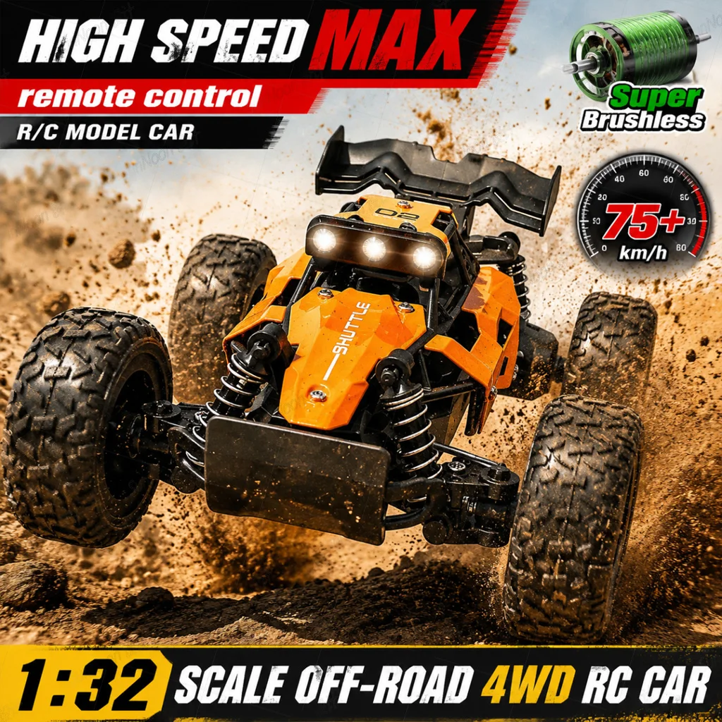 Voiture RC 4x4 à l'échelle 1:32, buggy tout-terrain, 70 km/h, jouet de course dans le désert, monster truck avec phares LED, kart, cadeau de Noël pour enfants