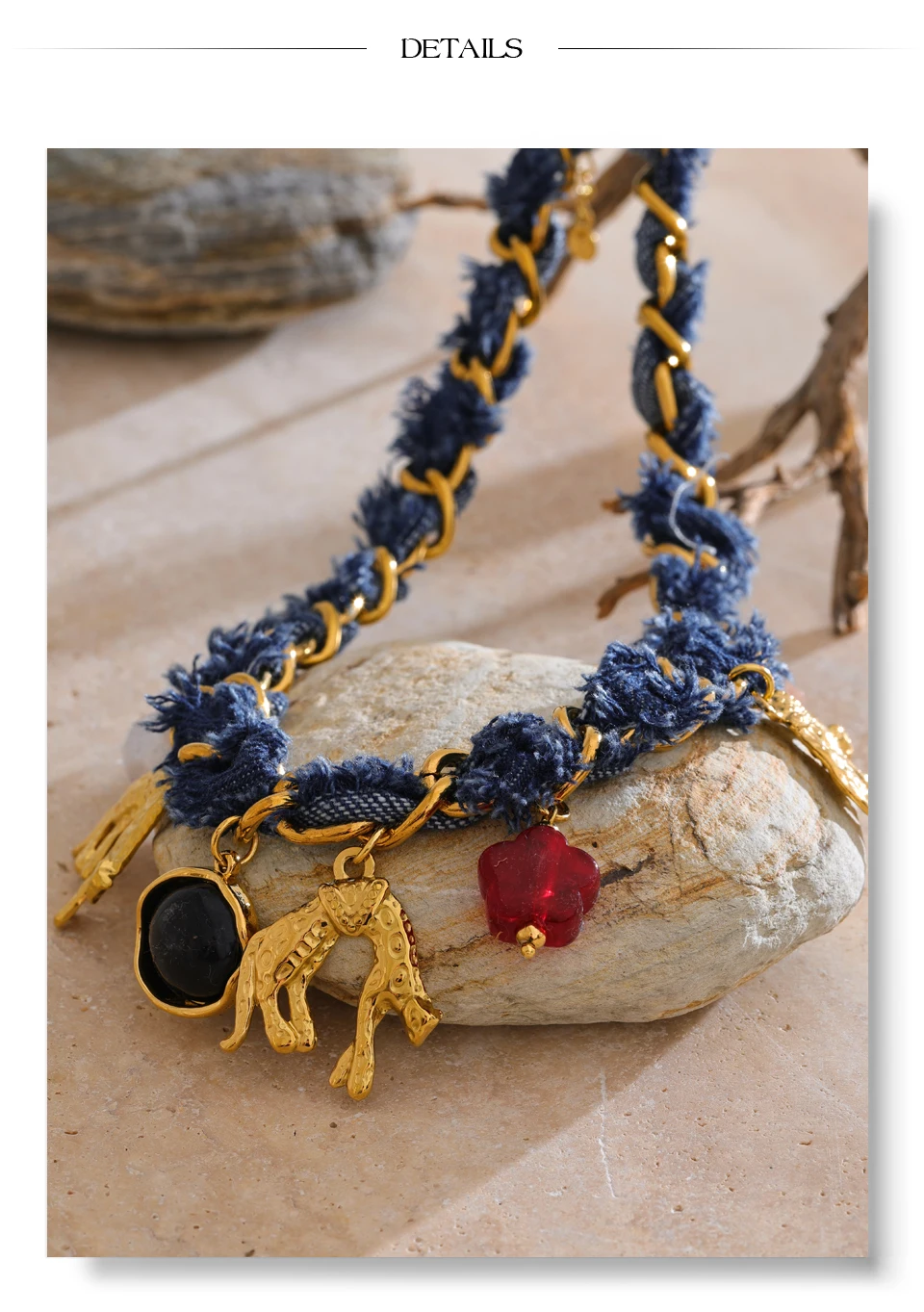 Yhpup Statement Blue Denim Kette Perle Acryl Blume Tropfen Charm Halskette Edelstahl Vintage Herbst & Winter Kragen Schmuck – Detail 11