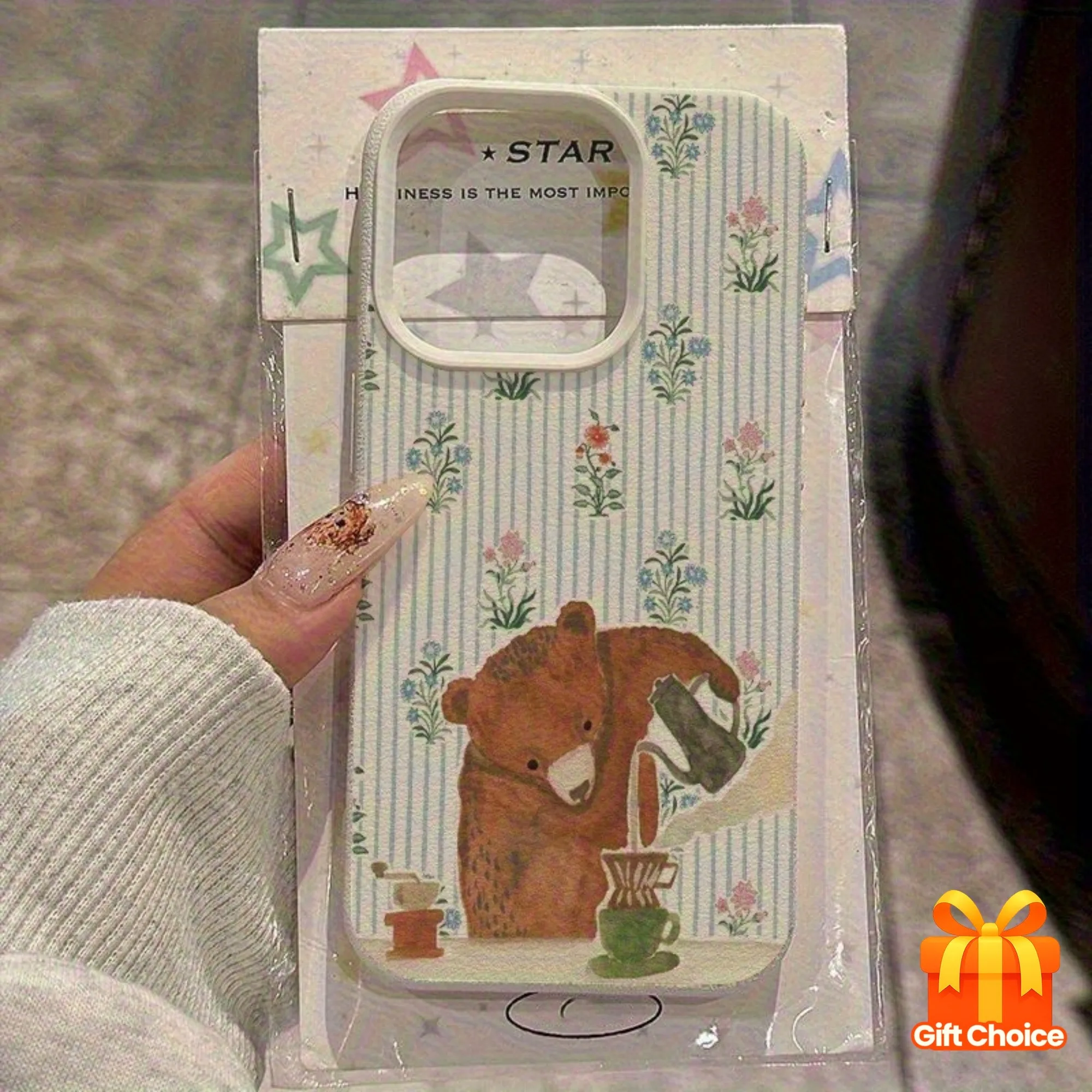 レトロなストライプ柄のクマとコーヒー柄、ライチテクスチャの落下防止保護ケース1個、iPhone 17、16、15、Plus、Pro、Maxシリーズの携帯電話に適しています—ギフトとして使用できます