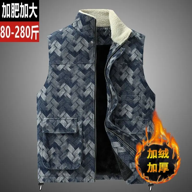 

Men's velvet denim vest jacket winter fat warm loose casual tooling vest