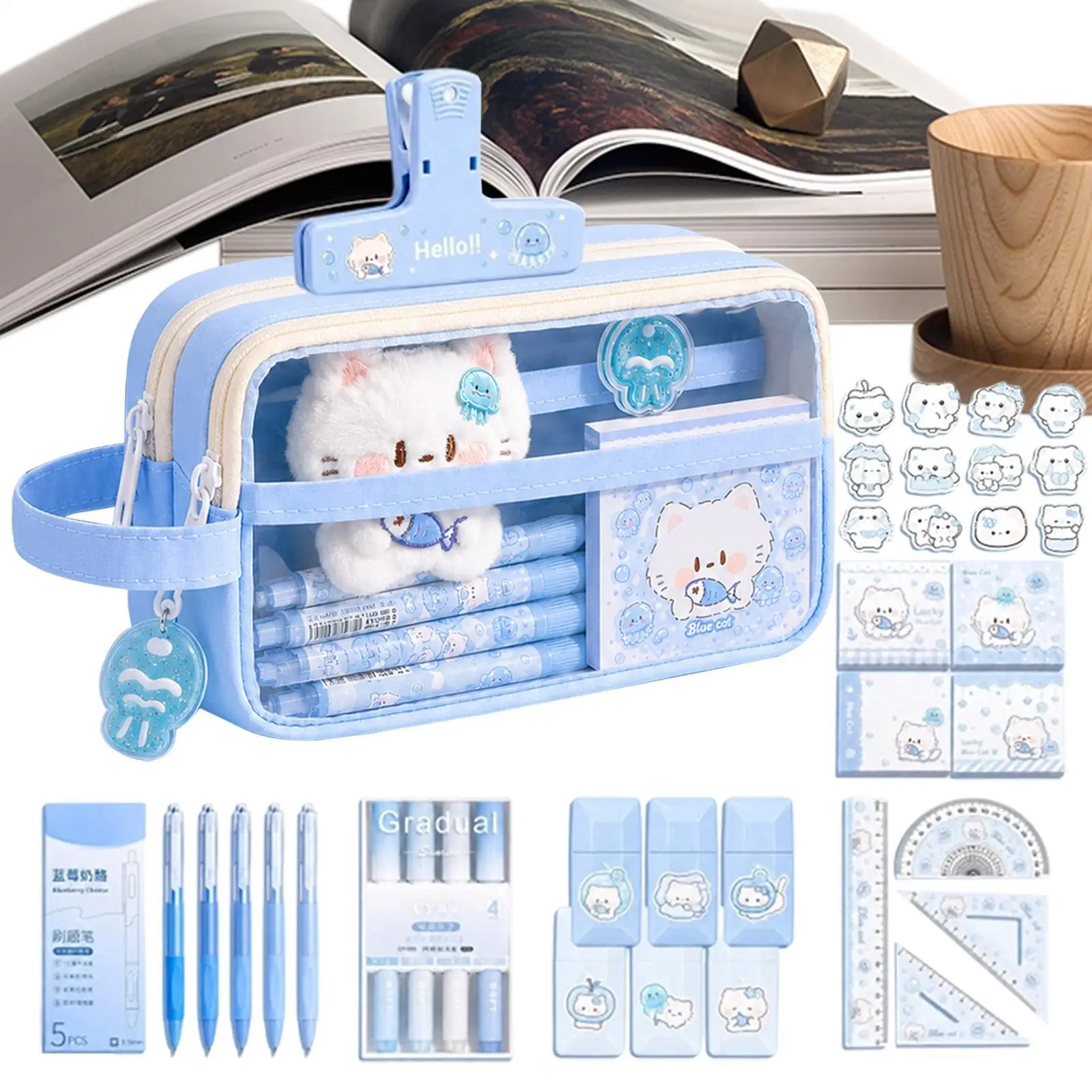 Canvas Pencil Case Adorable Cat Themed Stationery Pack 5-layer Large Capacity School Pencil Case for Student Teen Girls Boys