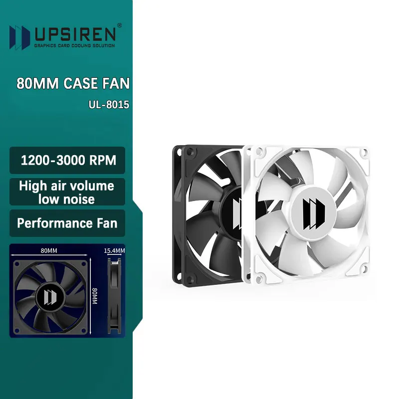 

UPSIREN UL-8015 Ультратонкий вентилятор 8 см с гидравлическим подшипником 80 мм Вентилятор на корпусе 4-контактный ШИМ 3000 об/мин Вентиляторы корпуса Черный/Белый 80x80x15,4 мм