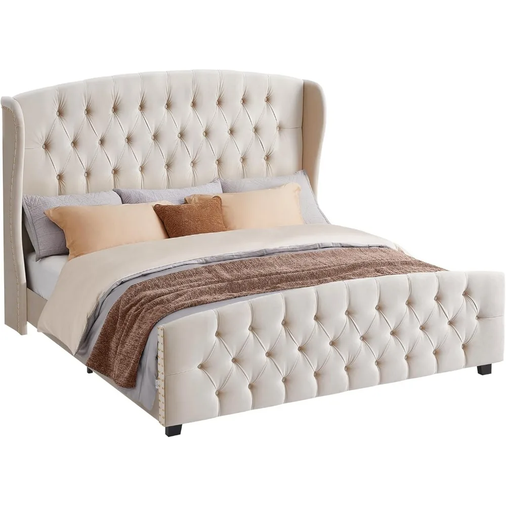 Extra large bed frame with headboard, cushioned platform bed frame, back cluster headboard and footrest, no need for springs