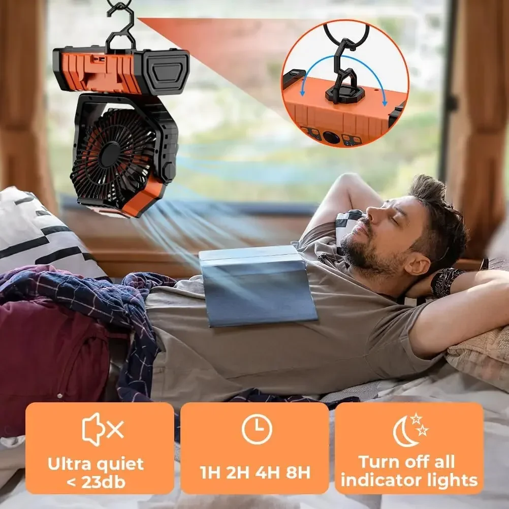 20000mAh Battery Powered Outdoor Fan Rechargeable Portable Desk Camping Fan LED Night Light Hanging Hook 4 Speed Headshake Remote Control Timing for Tent Car Trip