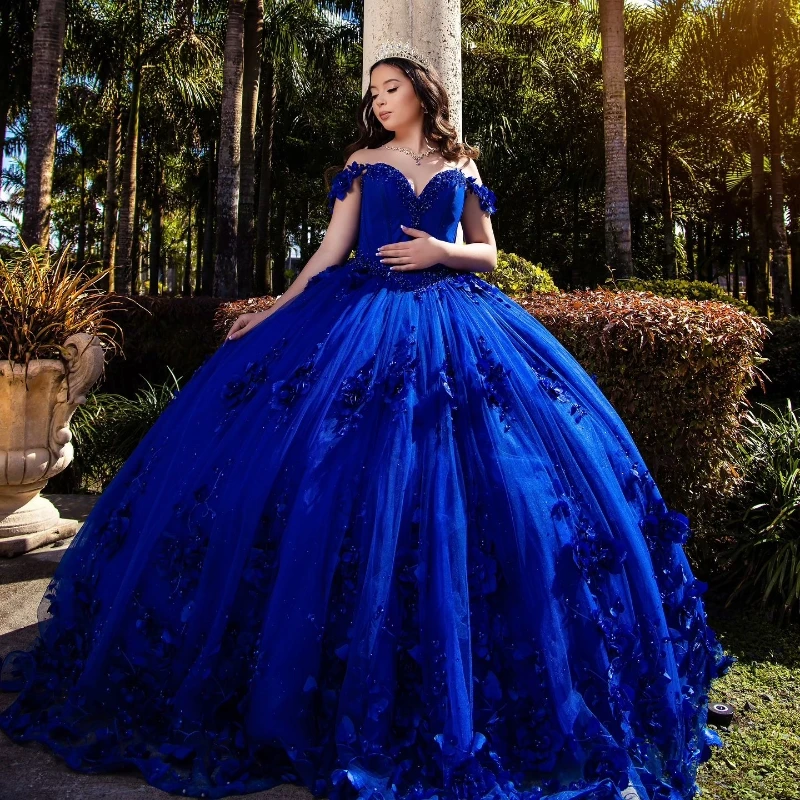 

Royal Blue Ball Gown Quinceanera Dresses Off The Shoulder 3D Flowers Appliques Beads Tull Corset Sweet 16 Dress Vestidos De 15