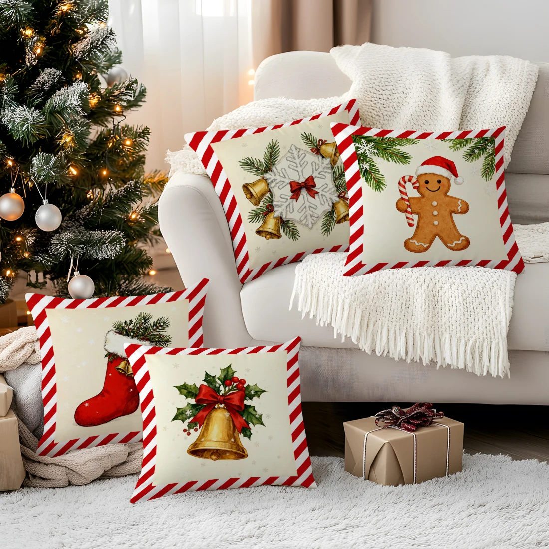 

Stripe Christmas Cushion Pillowcase Printed Polyester 40/45/50cm Throw Pillowcover Decorative Sofa Cushion Pillowslip Home Decor