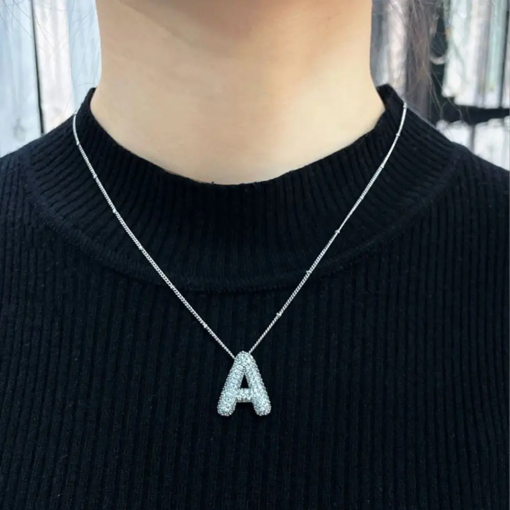 Simple Silver Color Letter Pendant Necklace Rhinestones Stain Steel Silver Zircon Necklace 26 Letters Clavicle Chain Women