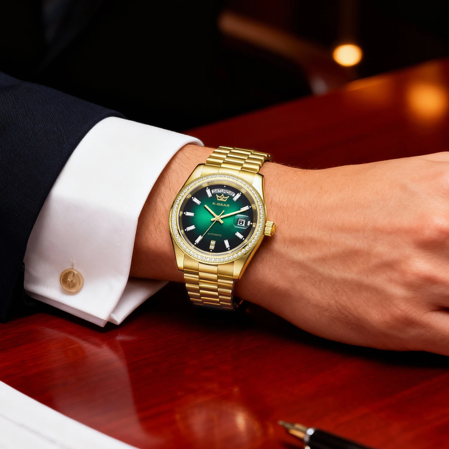X-GEAR Мужские роскошные часы Механические часы Светящийся дисплей даты и недели Корпус из нержавеющей стали Ремешок