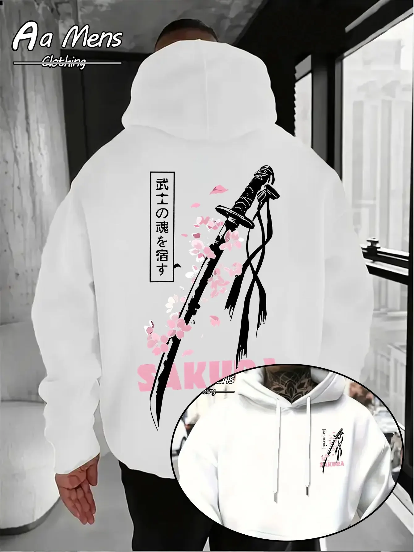 Men Sakura Katana Hoodie Japanese Samurai Kanji Cherry Blossom Vintage Graphic Print Loose Fit Streetwear Pullover Sweatshirt